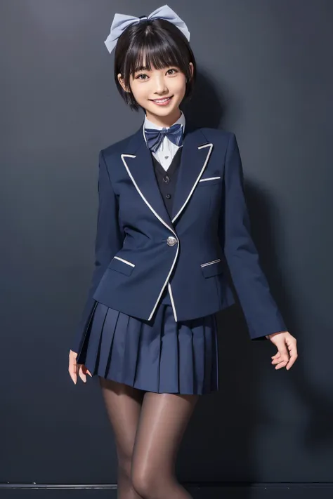 Navy Blue Blazer、(( Hides below the knee with a navy blue tight skirt))、White blouse、((navy blue plain large bow tie))、((( black pantyhose)))、(( Black Loafers ))、(( standing up to her feet))、Cute high school girls、Height: 160cm、 smile like an idol 、 smilin...