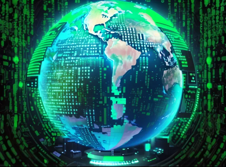 a green globe surrounded by binary code and numbers, green digital world, large cyberarrays data holograms, cyber space, the encrypted metaverse, cyber world, cyberspace, detailed photo of virtual world, surreal cyberspace, data holograms, digital world, t...