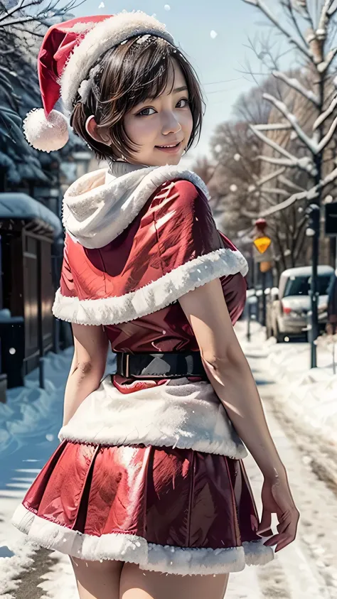  mini skirt Santa 、(Squint your eyes and laugh:1.5、 big smile when looking back)、(Winter Street Trees :1.5、 Snow Is Piling Up:1.5)、( realistic 、 as pictured 、live-action、8k,  realistic ,  RAW photo,  Max Image: 1.4),   SLR camera、 RAW photo,   top quality ...