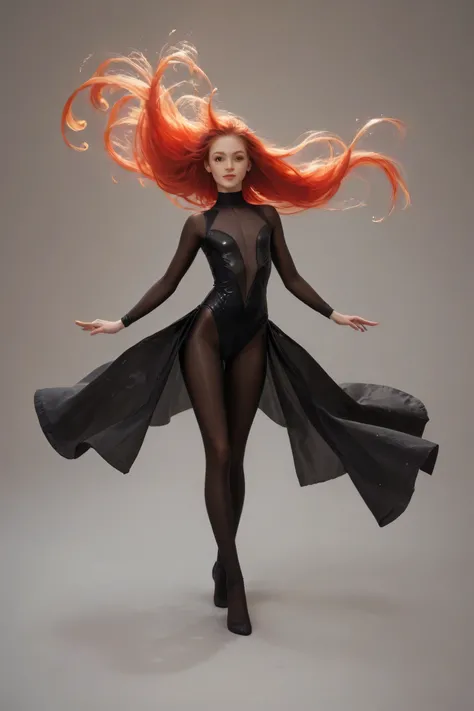 Slim flat chested fenail sporty gymnastic woman in a transparent Black bodysuit looks like in flame doing a dance. Red long hairs flowing in the wind. Perfect lags ind Ballet shoose. Front view. Full body