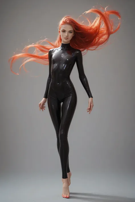 Slim flat chested fenail sporty gymnastic woman in a transparent Black bodysuit looks like in flame doing a dance. Red long hairs flowing in the wind. Perfect lags ind Ballet shoose. Front view. Full body