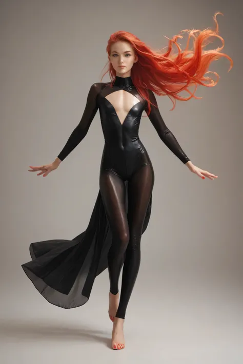 Slim flat chested fenail sporty gymnastic woman in a transparent Black bodysuit looks like in flame doing a dance. Red long hairs flowing in the wind. Perfect lags ind Ballet shoose. Front view. Full body