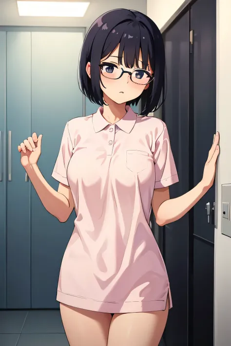 1. woman, Clear Pink Polo Shirt ,   short hair ,  CACP ,   embarrassing , beautiful, Shyness,    black hair  ,   dark eyes, hospital, beautiful, cute,    High Quality  , Short sleeve,   glasses, perfect, no panties, no bra