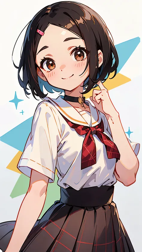  One personの女の子、One person、 shiny black hair 、 shorthair、 stick out your forehead、Beautiful brown eyes、Im wearing a choker、white short sleeve blouse shirt、 Plaid Pleated Skirt、 upper body closeup、happy、smile