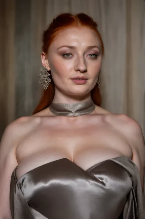 Face of Sophie Turner, Portrait of Sansa Stark, Sansa Stark played by Sophie Turner, the de facto Lady of the Eyrie, is a 5 mature queen with a stunning, alluring appearance, mommy figure, wide body, heavy figure, fleshy bulky figure, Full Face, Full figur...