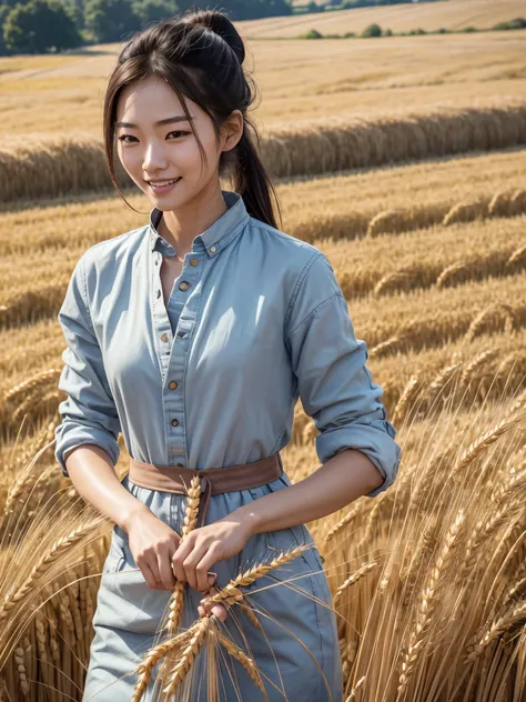 Korean woman, (masterpiece, beautiful person, polluted smile), virtual YouTube, doing farm work in the country, (being (cutting wheat: 1.4)), fertilizing, weeding, plain face, no makeup, country girl, ponytail, detailed skin texture, detailed cloth texture...