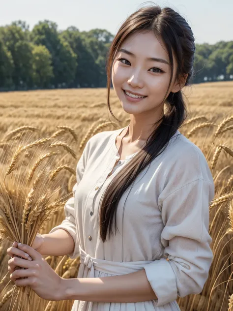 Korean woman, (masterpiece, beautiful person, polluted smile), virtual YouTube, doing farm work in the country, (being (cutting wheat: 1.4)), fertilizing, weeding, plain face, no makeup, country girl, ponytail, detailed skin texture, detailed cloth texture...