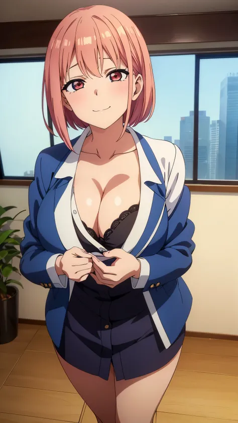 (((masterpiece))),fuyumi itadori, Anime girl characters, 1girl, solo, looking at viewer, medium hair long sleeves, cleavage, bigger breasts, closed mouth, collarbone, jacket, open clothes, open jacket, blue jacket, ground vehicle, sports bra, tall girl, ho...