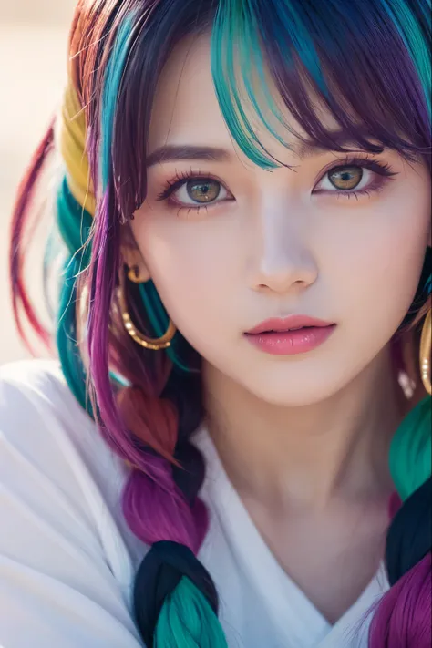  High Quality , Realistic、 high definition , Realistic、8k、masterpiece,  Details.Impressive、Cutting-edge female photography portraits、Expression of happiness、The way you look at someone you love、Yellow、Cyan, and purple,  Her Vivid Makeup Is Really Eye-Catch...