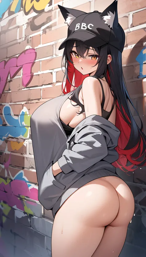 masterpiece,1girl, colored inner hair black hair red hair, black hat with cat_ears, gray oversized hoodie,  , hands in pockets, graffiti on brick_wall, Big Breasts, inner tank top , Back Sex