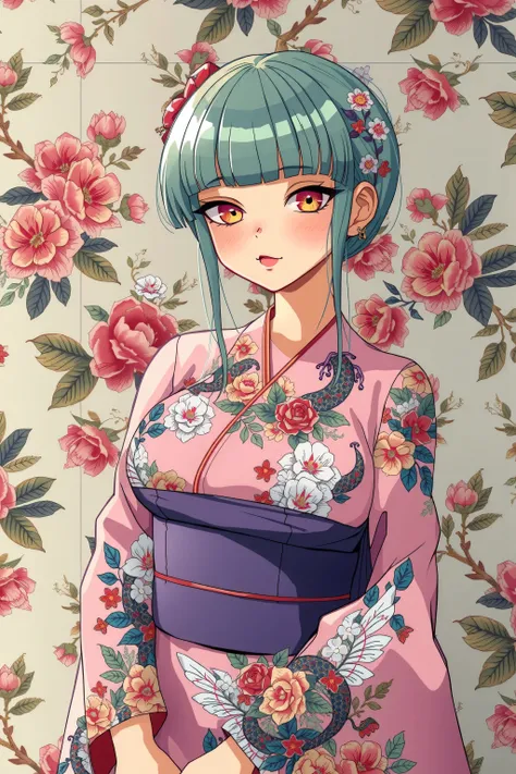 A mesmerizing surreal illustration of a young japanese woman. She has pastel green hair with blunt bangs, yellow eyes, and wears a vibrant pastel colored outfit adorned with intricate floral patterns. Freckles dot her smooth, warm complexion, and bold, col...