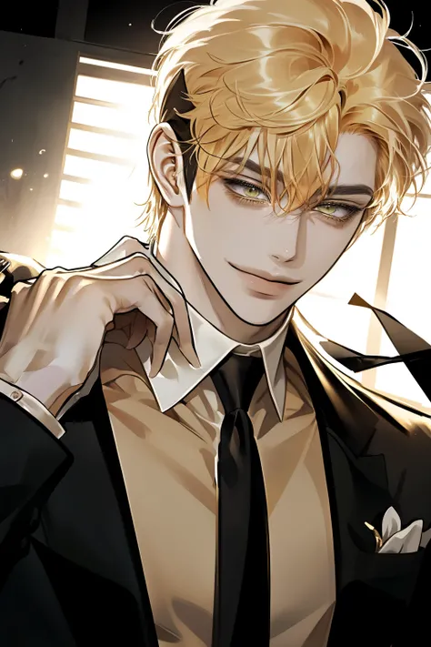 boy,  light yellow wolf cut hairstyle,  ( yellow hair ),   sharp features wearing student clothes,   white skin ,  side view  , ((black suit,  black tie , CEO)),  More information  ,  Green eyes, ( smiling), (My hand hurts below my chin as if Im worried.)