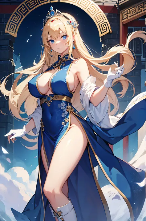 4K, high definition ,One Woman,Blonde, long hair, blue eyes , huge boobs ,Ancient Chinese Princess,Blue Dress,Sleeveless,Sideboob, White Long Gloves, White High Heel Boots,Princess Tiara,Jewelry decoration,ancient chinese castle