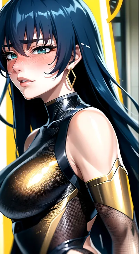 Igawa Asagi, long hair, hair between eyes, blue hair, green eyes, (gold bodysuit), bare shoulders, elbow gloves, fishnets,(masterpiece, highres, best quality:1.3), 8K, highly detailed, intricate, colorful, vibrant image, sharp focus, digital blending, 4K, ...