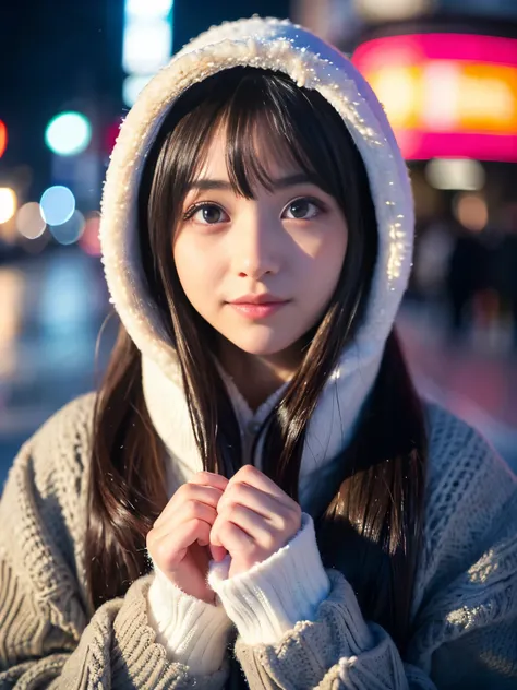 Best-quality, Masterpiece, Ultra-High-Resolution, (Photorealistic:1.4), Raw Photo, depth of field, professional lighting, perfect anatomy, extremely details, 1girl, ((14-years-old)), (the most famous Japanese-idol), standing at cold street, looking at view...