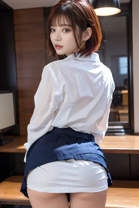 ( Photorealistic:1.8,  top quality:1.8,8k masterpiece:1.8, high definition , Mastepiece:1.8,RAW Photos）、（ cinematic lights、 no split screen )、URBAN OFFICE 、（1 Office Girl )、( Toga Himiko）、 angle from behind、（ white blouse、 Slit Mini Skirt、The butt is hidde...