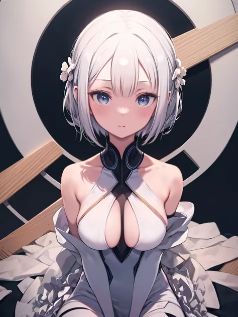 ****  girl***********,  sitting, ( pee,  peeing, peeing in cup,cup),  Big Breasts ,  white dress, The Impossible Suit,  white hair,  shorthair, A flower of hair ,  embarrassing,  nose brush ,  Masterpiece  ,  High Quality , 最 High Quality , beautiful,  hig...