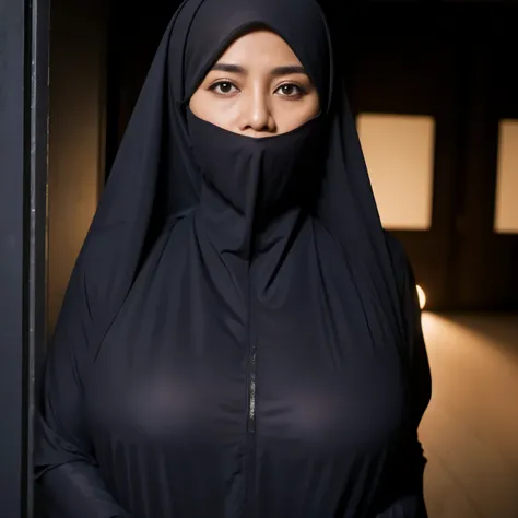 56 years Old, Hijab Indonesian mature woman, ( Massive Large  : 1.2), Burqa, curvy body, Breast about To burst out from her clothes, at doctor office, Dark light, at Nighttime.