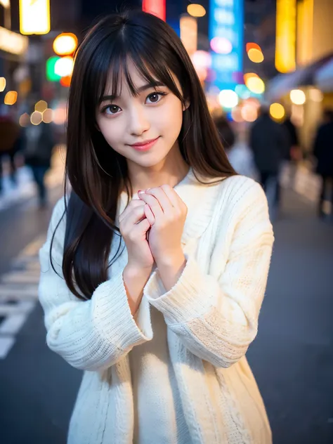 Best-quality, Masterpiece, Ultra-High-Resolution, (Photorealistic:1.4), Raw Photo, depth of field, professional lighting, perfect anatomy, extremely details, 1girl, ((14-years-old)), the most famous Japanese-idol, (((full-body))), standing at cold street, ...