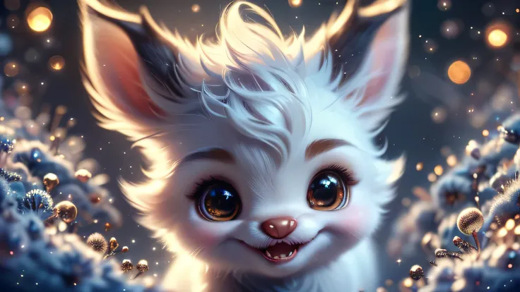 Magical Fantasy Creature, (Best Quality, Masterpiece, Representative Work, Official Art, Professional, Super Detailed, 8k:1.3), (Photorealism:1.2) Super Cute, Big Eyes, Soft, Soft Nose, Fluffy, Double-Toothed Smile, Aurorastyle, Highly detailed Dynamic sho...