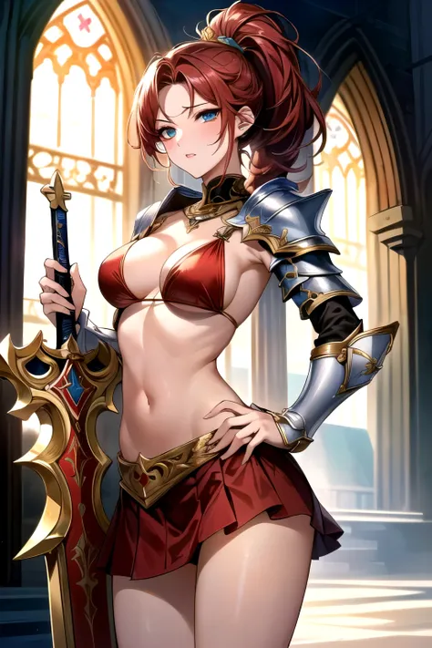  ((best quality)), ((Masterpiece)), ((Enrich the picture，Masterpiece level quality)), ultra background details, an image of a beautiful cyberpunk woman, mature woman, fierce woman, fantasy theme, hips up, fantasy, ((red hair, High ponytail)), beautiful gol...