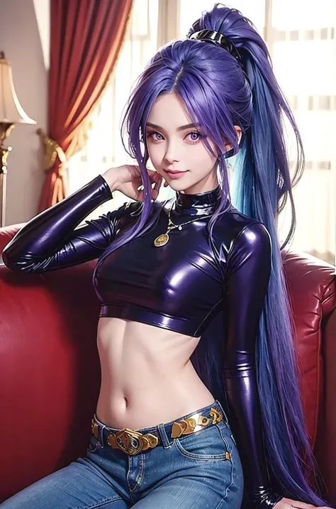 SCHALA, long blue hair, ponytail, purple eyes, purple long sleeved latex top, midriff, navel, long blue jeans, belt, pendant, on sofa, smile, royal living room