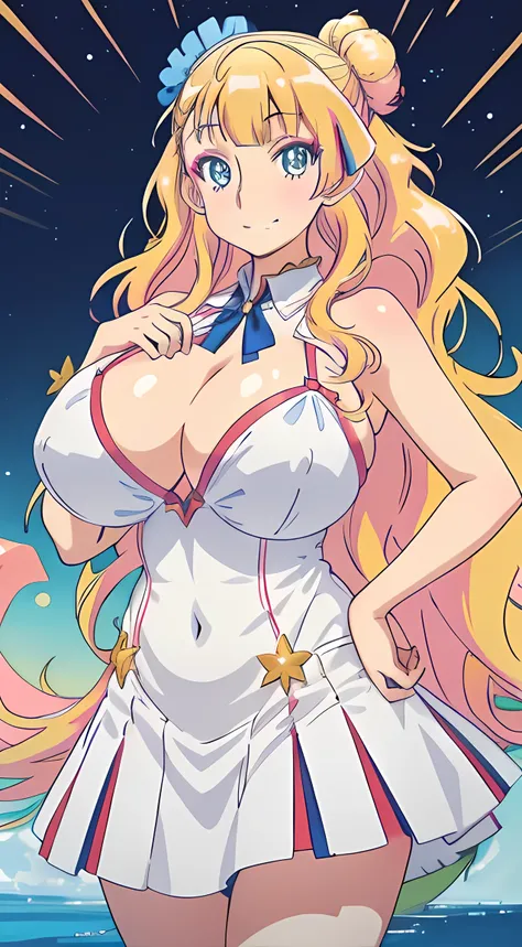 1 girl, galko,Galko,smile,makeup,dress,natural lip,skin luster,looking at the viewer, in the center of the image,cowboy shot, highest quality, High resolution, beautiful eyes, highly detailed face, Detailed CG, (super gigantic breasts:1.5),side boobs,under...