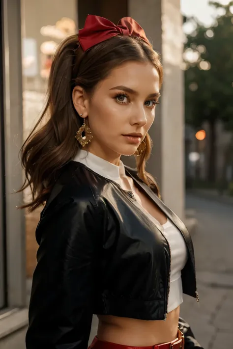 German woman of 20 wearing a skirt with a belt on her skirt and an open jacket large earrings cheerlander hairstyle with a red bow on her head in a beautiful evening light eye makeup and light makeup on the cheekbones looking at the camera