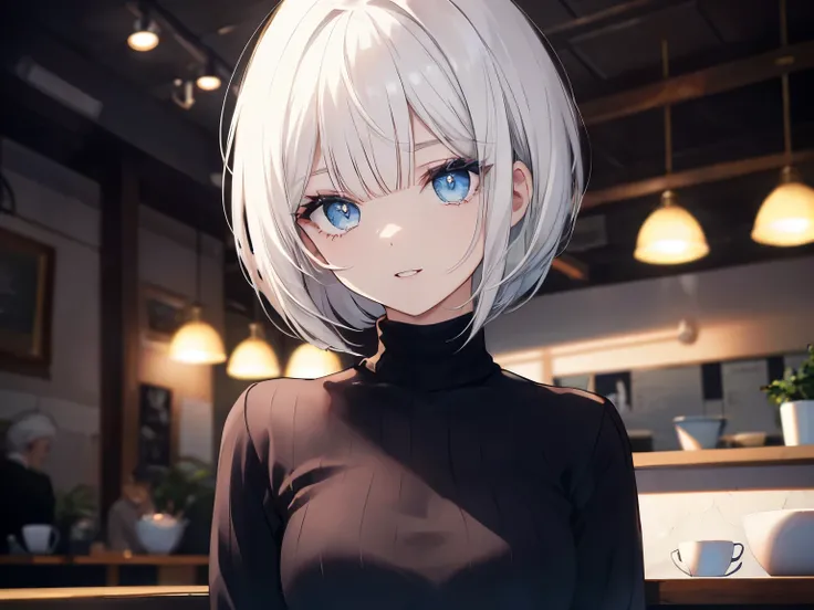 (gentle smile, parted lips), 1girl, upper body, (eyelashes), (dark eyelashes), (eyeliner), blue eyes, ((asymmetrical bangs, hair behind ear, hair over one eyebrow, bob cut)), (white hair), medium hair, medium breast, (hopeless:1.05), (black sweater, jeans)...