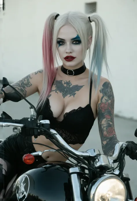 Ultra-realistic cinematic image of Harley Quinn, dressed as a nun, colored hair, and the body of a porn actress, she has huge breasts, thick thighs, and a muscular, tattooed body, and is wearing black lace lingerie and is riding on a luxurious motorcycle p...