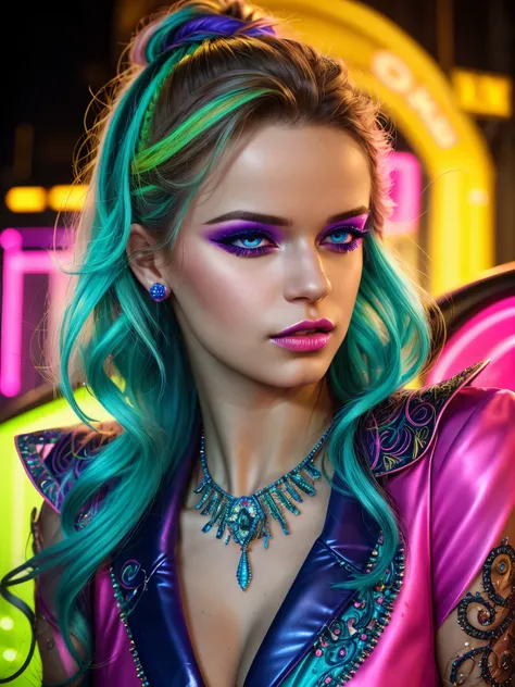 a woman in a colorful neon-lit fashion portrait, beautiful detailed eyes, beautiful detailed lips, long eyelashes, intricate hairstyle, vibrant neon colors, dramatic lighting, high fashion outfit, cinematic composition, photorealistic, 8K, hyper detailed, ...