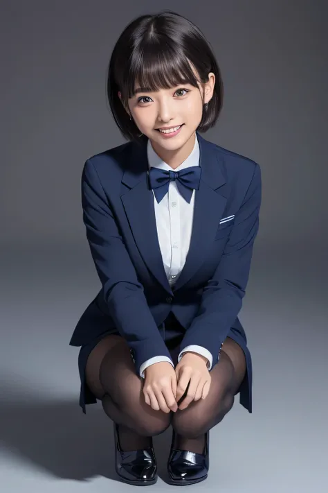 Navy Blue Blazer、(( Hides below the knee with a navy blue tight skirt))、White blouse、((navy blue plain large bow tie))、((( black pantyhose)))、(( black loafers))、((Full body photo showing up to your feet while crouching ))、Cute high school girls、Height: 160...