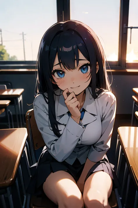 Blue-eyed anime girl sitting on a chair in a school classroom at dusk、uniform、 shy laugh 、 high image quality、 skirt、 face up