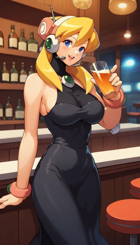 1girl, solo, blush, , breasts, open_mouth, smile, , cup, looking_at_viewer, alcohol, jewelry, bracelet, sleeveless, large_breasts, dress, , black dress,drinking_glass, bangs, holding, bare_shoulders, :d, blurry, indoors, holding_cup, bar_(place),Alia (mega...