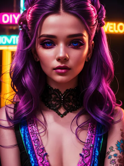 a woman in a colorful neon-lit fashion portrait, beautiful detailed eyes, beautiful detailed lips, long eyelashes, intricate hairstyle, vibrant neon colors, dramatic lighting, high fashion outfit, cinematic composition, photorealistic, 8K, hyper detailed, ...