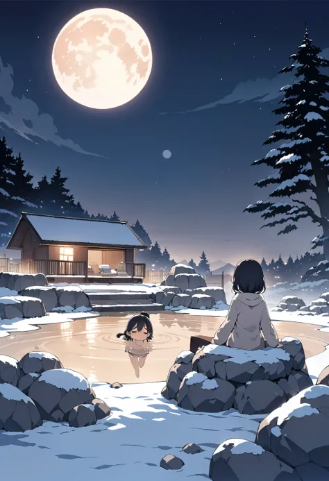 wide shot,smile, full body,mid, best quality, super detailed,1 cute girl,black hair, short ponytal, perfection, behance hd, clean line drawing  , Anime Illustration 裸, ,winter,Brown water,Im taking an open-air bath made of large rocks,night, full moon, blu...