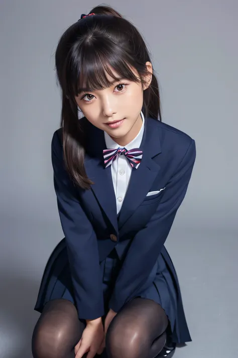 Navy Blue Blazer、(( navy blue long pleated skirt with few pleats concealing below the knee))、White blouse、((navy blue plain large bow tie))、((( black pantyhose)))、(( black loafers))、((A full-body photo of a crouched figure looking down to your feet))、Cute ...