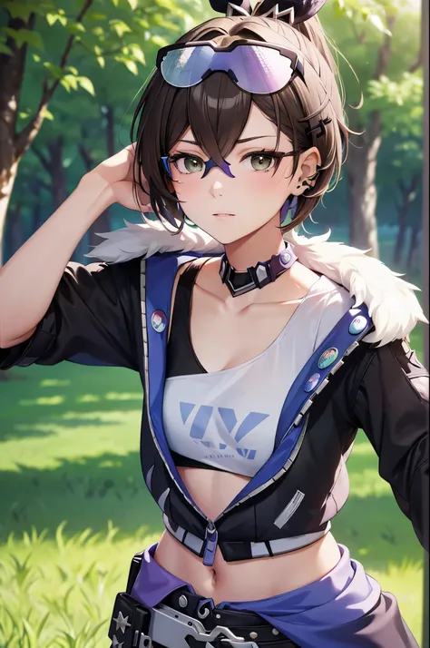 punk girl wearing glasses and a dark shirt, blurred green grass and trees in the background, short brown hair, detailed face, high quality, high resolution