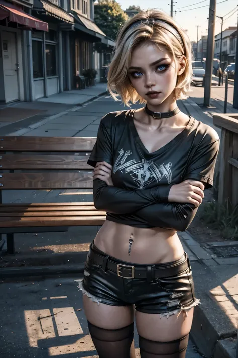 lora_Emma,1 girl, short blond hair, very skinny, tall, punk, small breast, standing up, ((leaning back against bench with arms crossed)), (leather micro hotpants), belt, (leather collar), (((very oversized V-neck cotton t-shirt))), ((cotton knee-high socks...