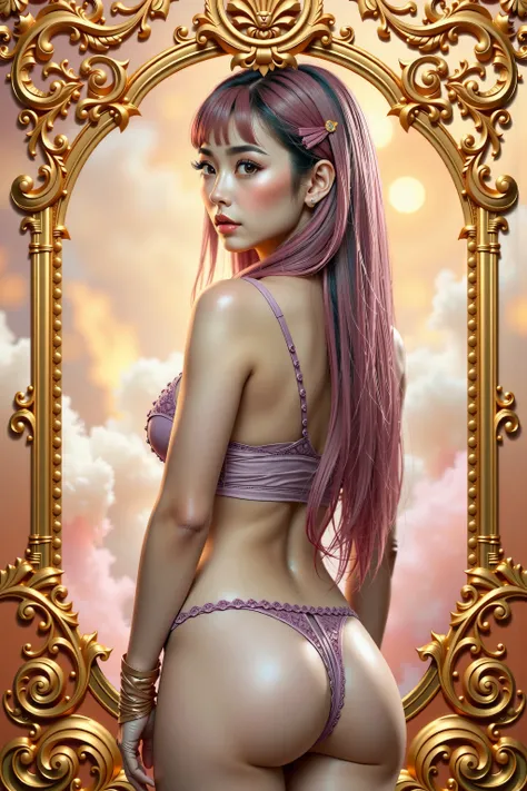 ornate gold border around all four sides, Fantasy art, 1 asian girl, long hair,pink hair, (bangs) ,(gorgeous big eyes),gold eyes, ulzzang, ((slender body:1.3,skinny:1.2)),large breasts, sideboob, (pink Bra, navel、pink loincloth、Fingerless leather gloves),s...