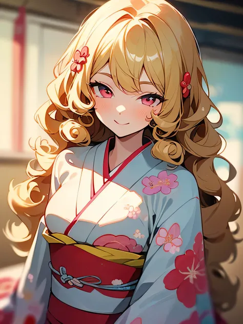 Alone,(upperbody),30years old,(Blonde curly long hair:1.3), pink eyes,Blonde, growing skin, (floral red kimono :1.6)、(Thin Waist、(blurry background)、Sexy Face、Totally Lustful Look,Masterpiece ,mature woman、The perfect temptation,beautiful, smile, Soft ligh...