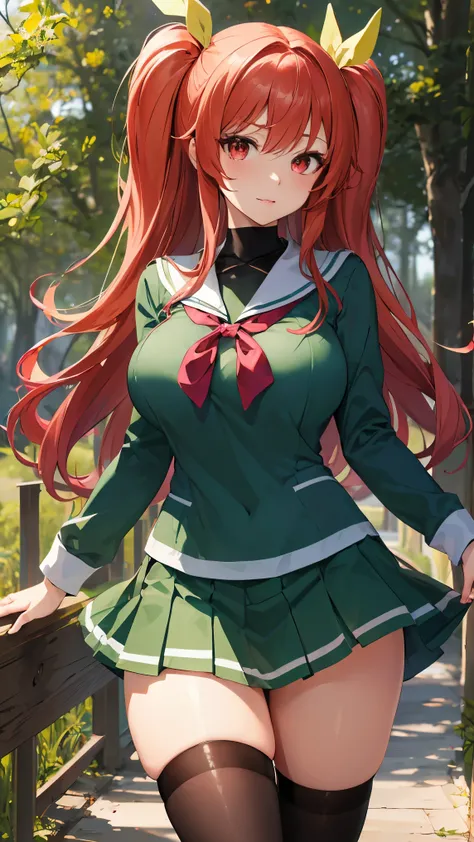 stella vermillion, long hair, (red eyes:1.3), ribbon, twintails, hair ribbon, red hair, Large Breast,
BREAK ((school uniform, serafuku, green shirt, green skirt, long sleeves, bow, kneehighs:1.2)),
BREAK Standing at the green forest with natural magical li...