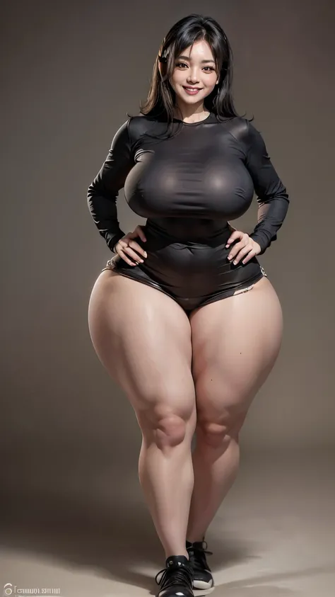 indinesian ,wide hips, big thick thighs, woman 56 years old,((FULL BODY POSES)), Smile, Anatomically Correct, Accurate, Best Quality, Detail, Masterpiece, High Resolution, Simple background.Black Hair, 