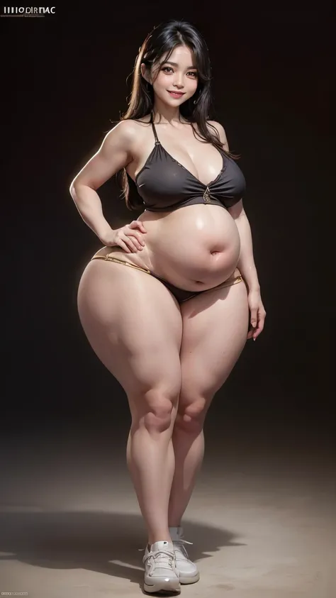 indinesian pregnant ,wide hips, big thick thighs, woman 56 years old,((FULL BODY POSES)), Smile, Anatomically Correct, Accurate, Best Quality, Detail, Masterpiece, High Resolution, Simple background.Black Hair, 