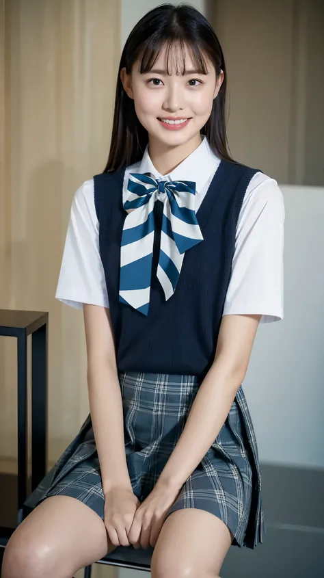 (Highest quality, 4K, 8k, High resolution, masterpiece, Genuine, Realistic, Realistic:1.3), (upper body, from below), Girl standing in a school changingroom, grin:1, phisically accurate, ((wearing white collared Uniform with blue bow tie, dark blue sweater...