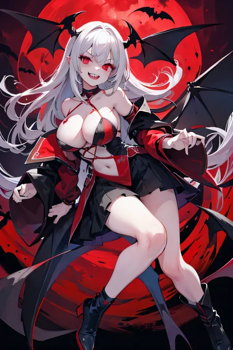 Red eyes, vampire teeth fangs, bloody face, bleeding from the mouth, fake smile, bat wings, horror smile, psychological giggles, psychopathic smile, scary, mouth open, large fangs showing, angry eyes, vampire, dark sky background, Red + Blue + Green, a shi...