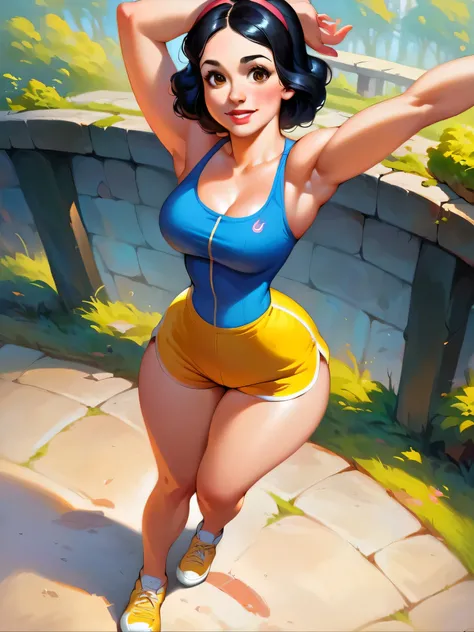 score_9, score_8_up, score_7_up, score_6_up, cute girl, corset, curvy, medium breasts, narrow waist, wide hips, thick thighs, looking at viewer, dynamic angle, cowboy shot, cartoon, dynamic pose, from above, sfw, gym happy, blue sports tanktop, yellow shor...