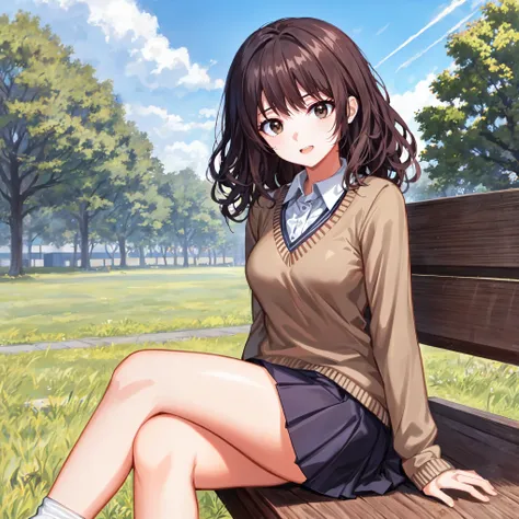 God Quality, perfect anatomy , 5Finger,high quality skin,detailed beautiful face,serious,expression eyes,perfect shading,pale colors,High quality backgrounds,School courtyard,park,cross ones legs,ankle socks,girl sitting on a bench,{{beautiful middle -size...