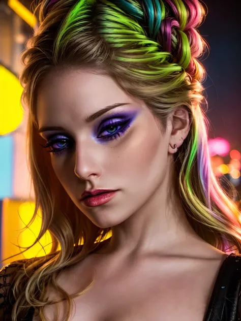 a woman in a colorful neon-lit fashion portrait, beautiful detailed eyes, beautiful detailed lips, long eyelashes, intricate hairstyle, vibrant neon colors, dramatic lighting, high fashion outfit, cinematic composition, photorealistic, 8K, hyper detailed, ...