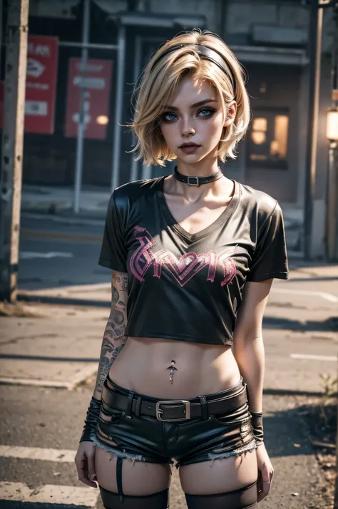 lora_Emma,1 girl, short blond hair, very skinny, tall, punk, small breast, ((hands behind back, chest pressed forward)), (leather micro hotpants), belt, (leather collar), (((very oversized V-neck cotton t-shirt))), ((cotton knee-high socks)), plastic headb...